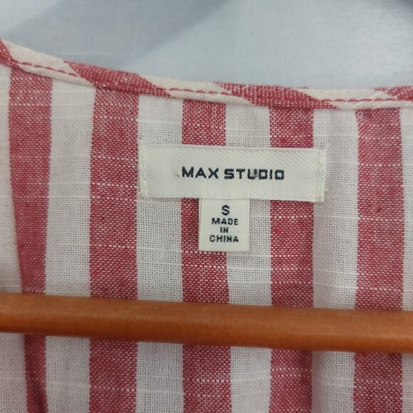 Max Studio Striped Midi Day Dress Small Red Cream Cottagecore V Neck Sash Tie - Picture 7 of 11